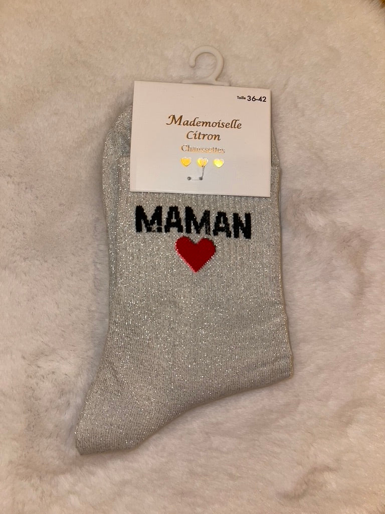 🤍 Chaussettes à Paillettes "Maman" Blanc Argenté avec Cœur Brodé 💖