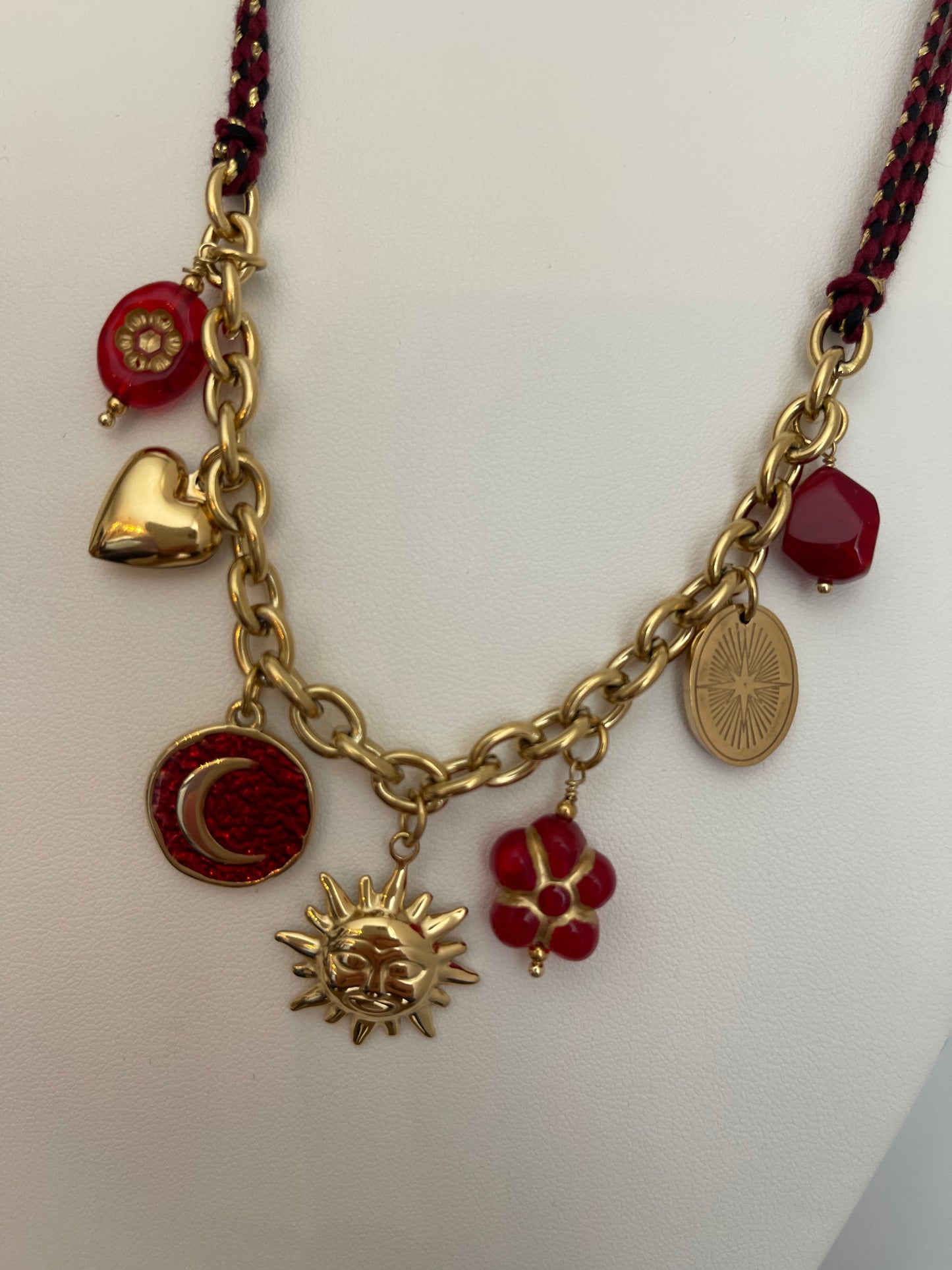 ✨ Ensemble bijoux à breloques rouge-bordeaux - Acier inoxydable doré
