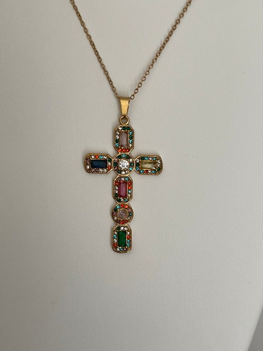 ✨ Collier croix à brillants multicolor - Acier inoxydable