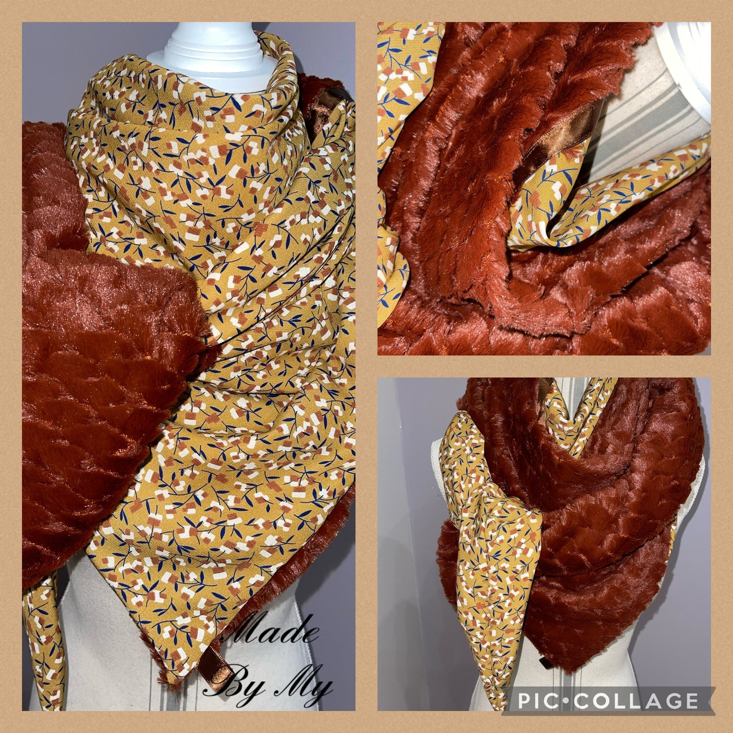 Foulard Réversible Fausse Fourrure Ocre et Imprimé Moutarde - Modèle Unique Fait Main