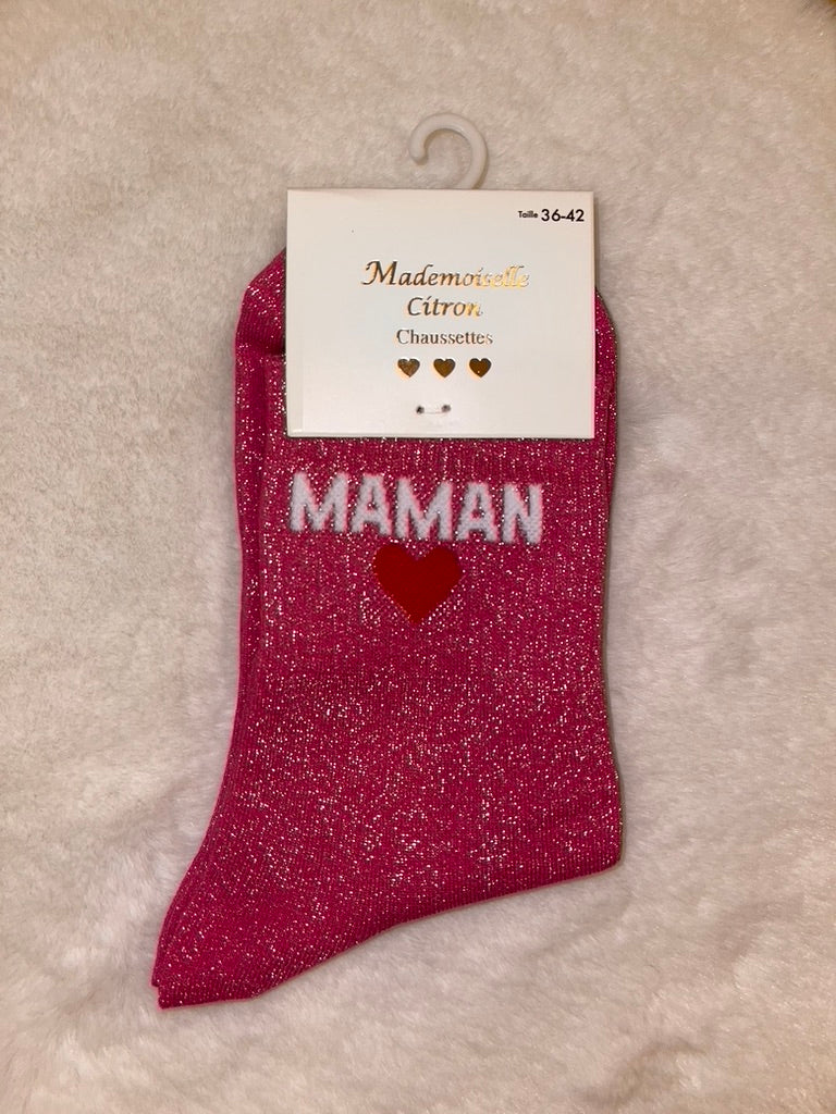 💗 Chaussettes à Paillettes "Maman" Fuchsia avec Cœur Brodé 💖