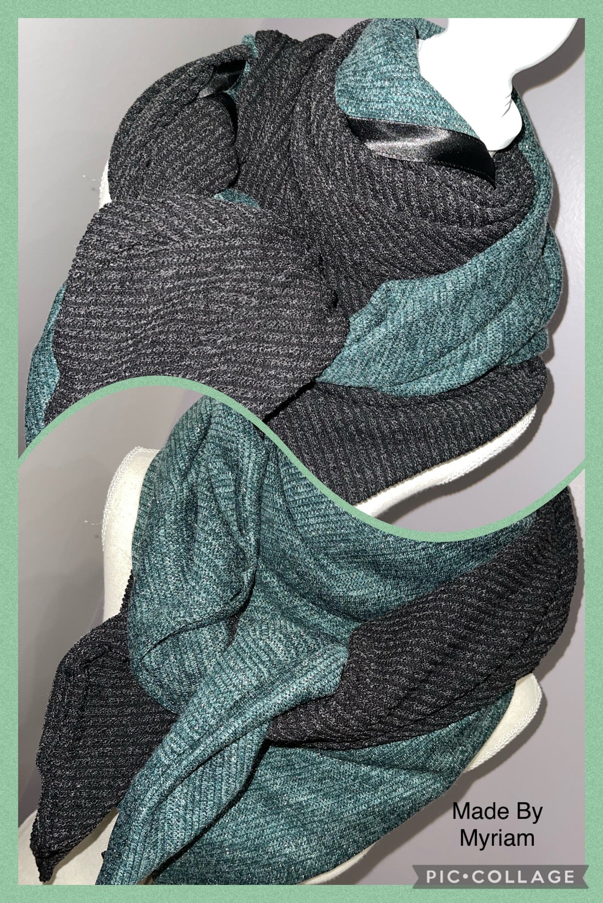 Foulard Réversible Jersey Effet Tricot Gris et Vert - Modèle Unique Fait Main