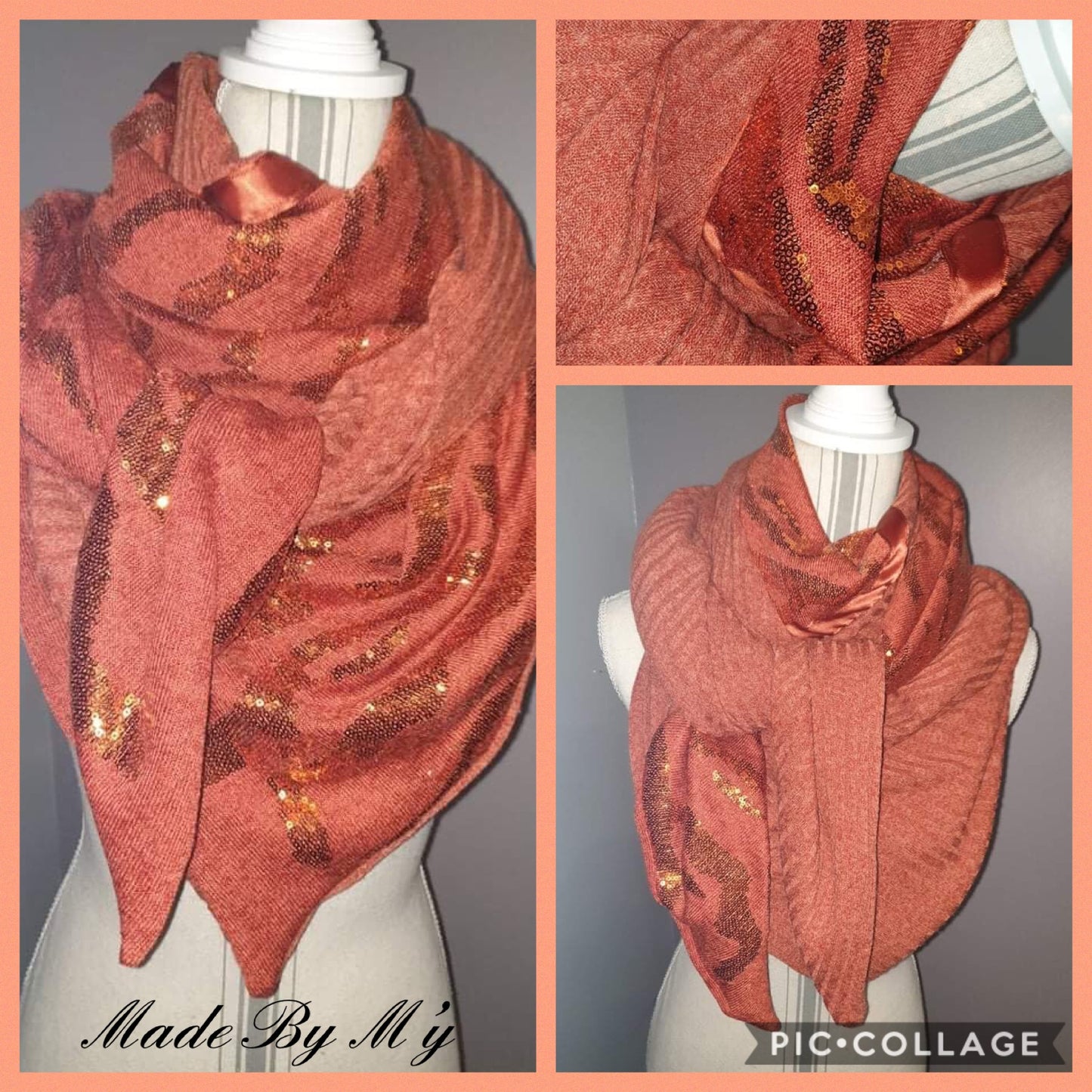 Foulard Jersey Orange Terracotta avec Sequins - Modèle Unique Fait Main
