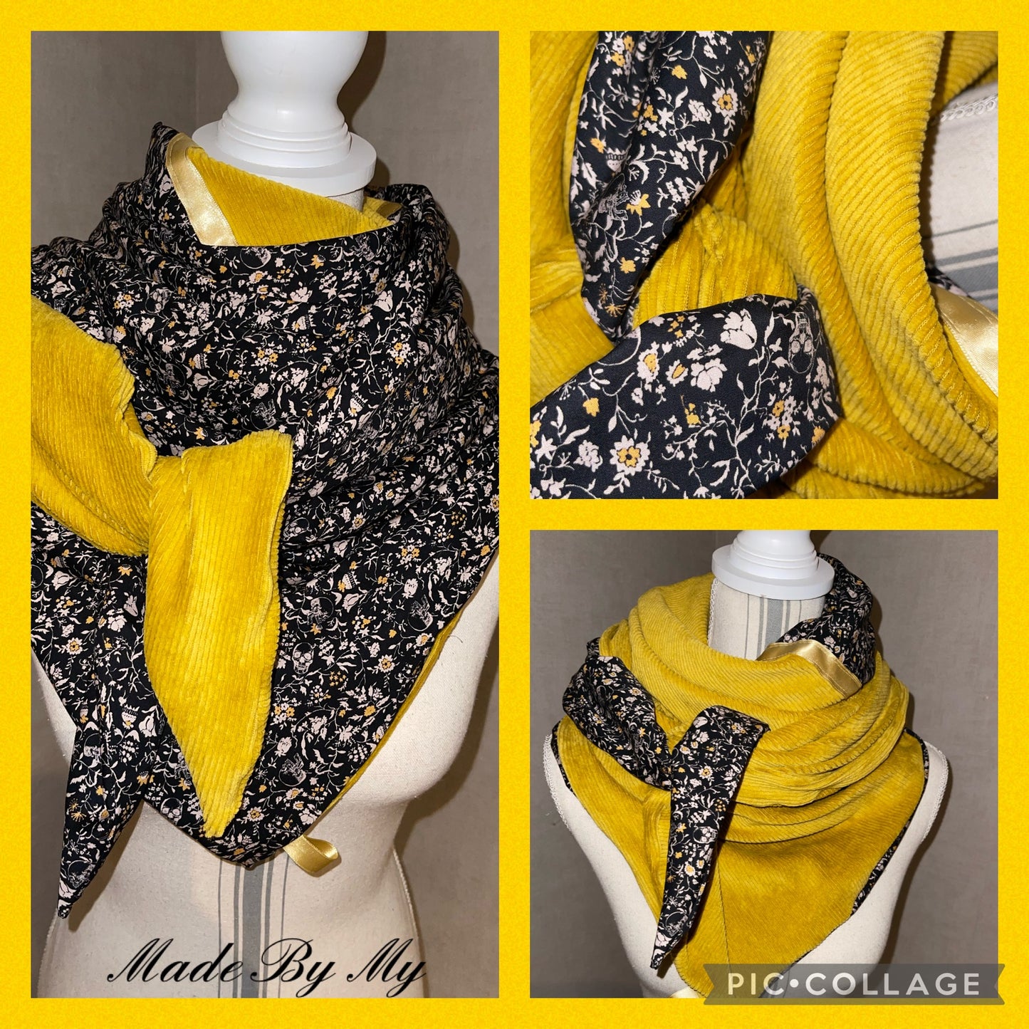 Foulard Réversible Velours Moutarde et Coton Fleuri - Modèle Unique Fait Main