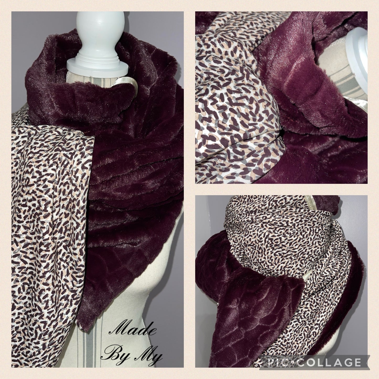 Foulard Réversible Fausse Fourrure Bordeaux et Tissu à Motif - Modèle Unique Fait Main