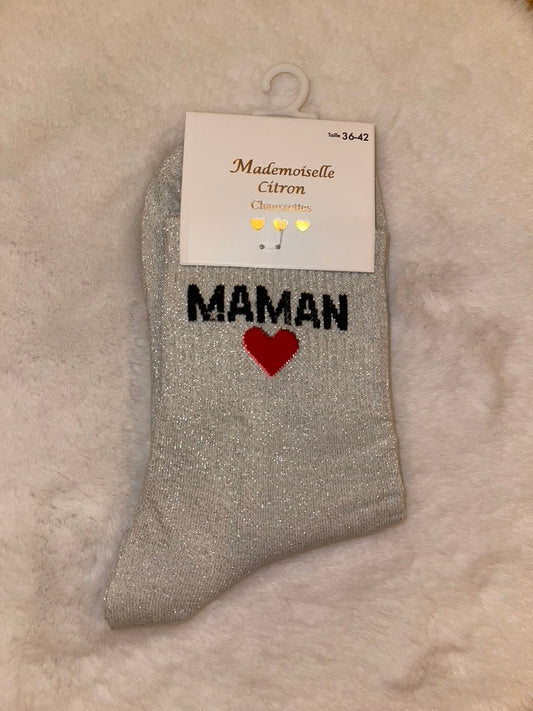 🤍 Chaussettes à Paillettes "Maman" Blanc Argenté avec Cœur Brodé 💖