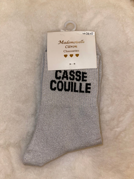 ✨ Chaussettes Pailletées "Casse Couille" Blanc Argenté - Taille 36/42 ✨