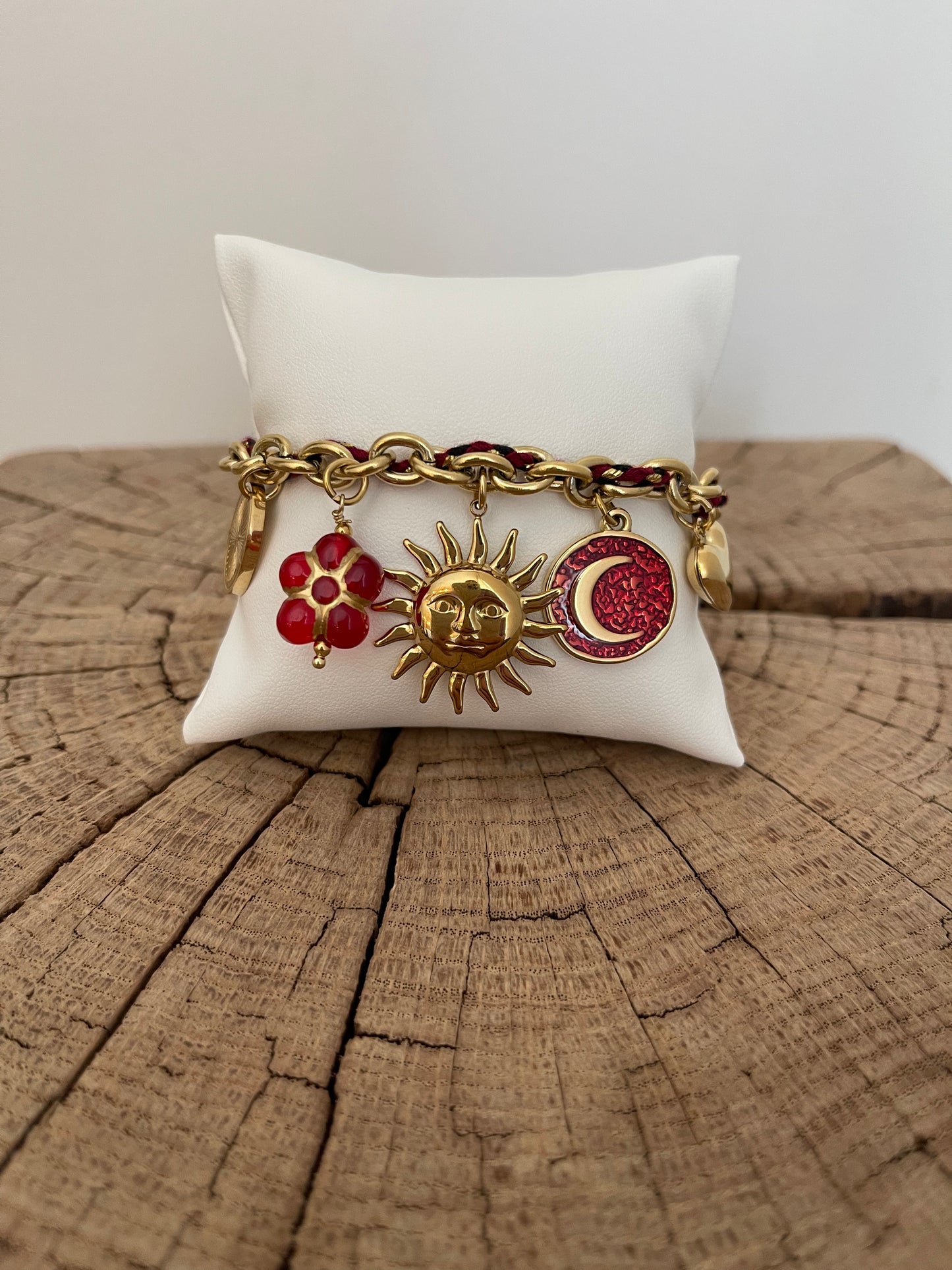 ✨ Ensemble bijoux à breloques rouge-bordeaux - Acier inoxydable doré