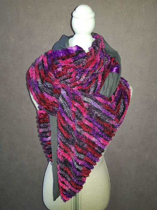 Foulard Réversible Jersey Gris et Bouclette Multicolore - Modèle Unique Fait Main