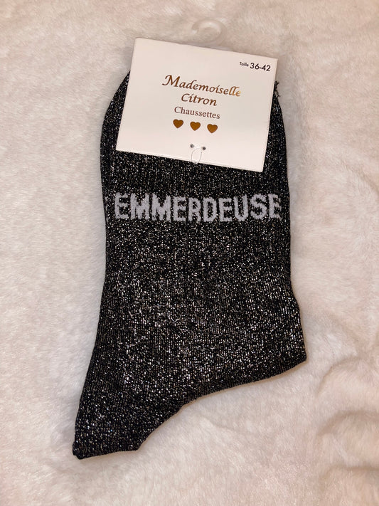 ✨ Chaussettes Pailletées "Emmerdeuse" Noir - Taille 36/42 ✨