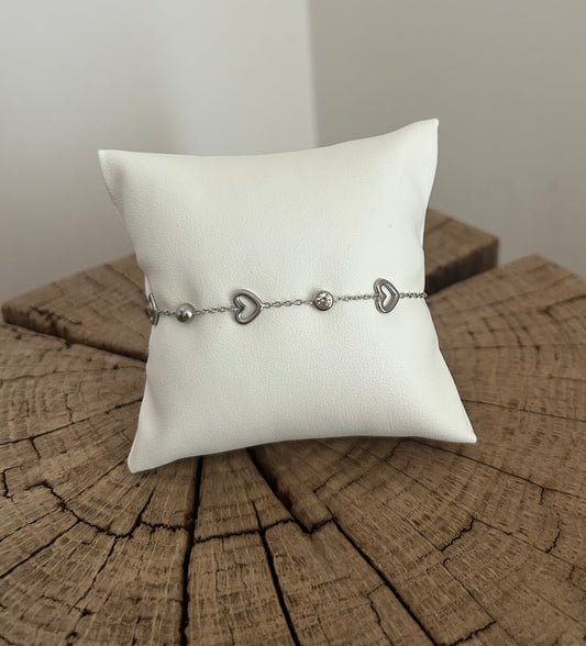 Bracelet mailles coeur et brillants argenté