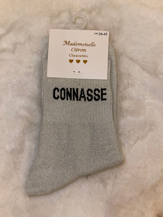 ✨ Chaussettes Pailletées "Connasse" Gris Argenté - Taille 36/42 ✨