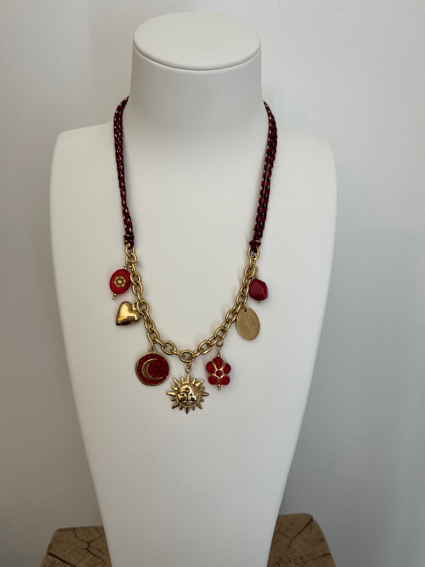 ✨ Ensemble bijoux à breloques rouge-bordeaux - Acier inoxydable doré