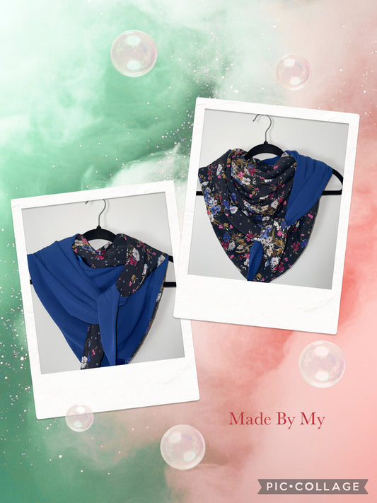Foulard Réversible Léger Bleu et Fleuri - Modèle Unique Fait Main