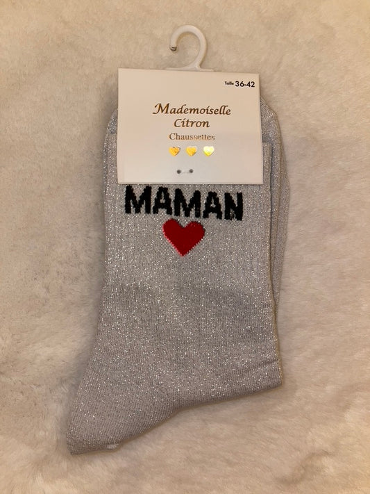 🤍 Chaussettes à Paillettes "Maman" Gris Argenté avec Cœur Brodé 💖