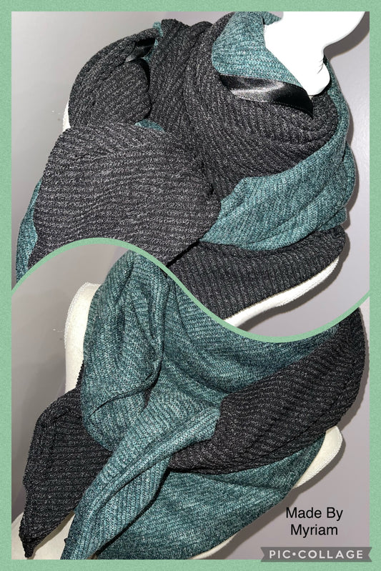 Foulard Réversible Jersey Effet Tricot Gris et Vert - Modèle Unique Fait Main