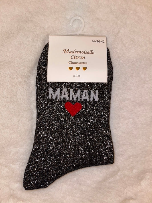 🖤 Chaussettes à Paillettes "Maman" Noires avec Cœur Brodé 💖