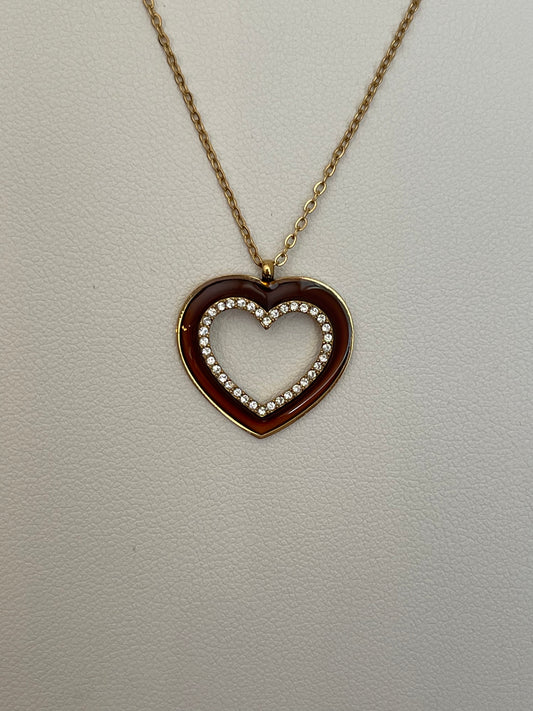 💛 Collier cœur résine ambre et strass - Acier inoxydable doré