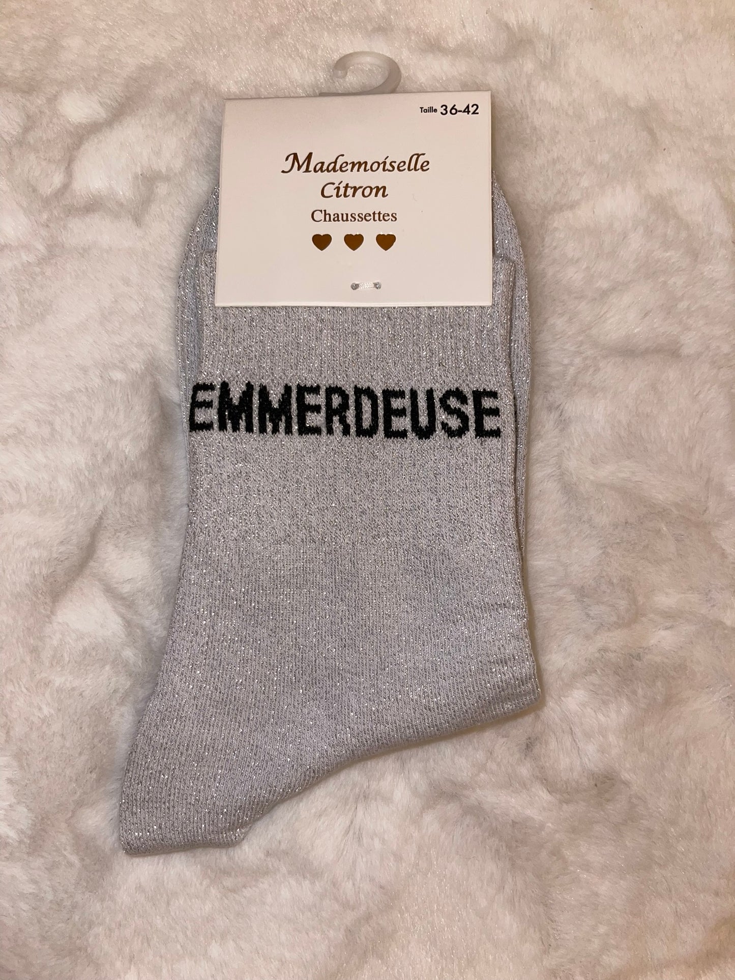 ✨ Chaussettes Pailletées "Emmerdeuse" Gris Argenté - Taille 36/42 ✨