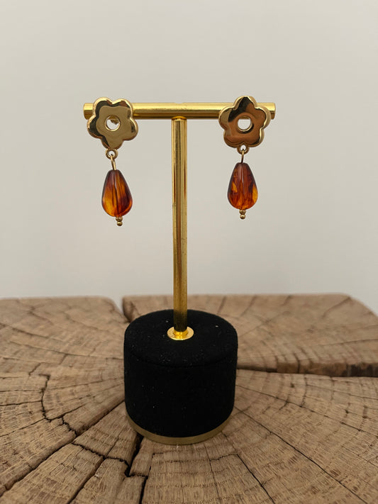Boucles d'oreilles pendante fleur et pierre ambre