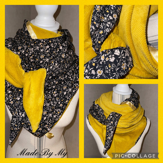 Foulard Réversible Velours Moutarde et Coton Fleuri - Modèle Unique Fait Main