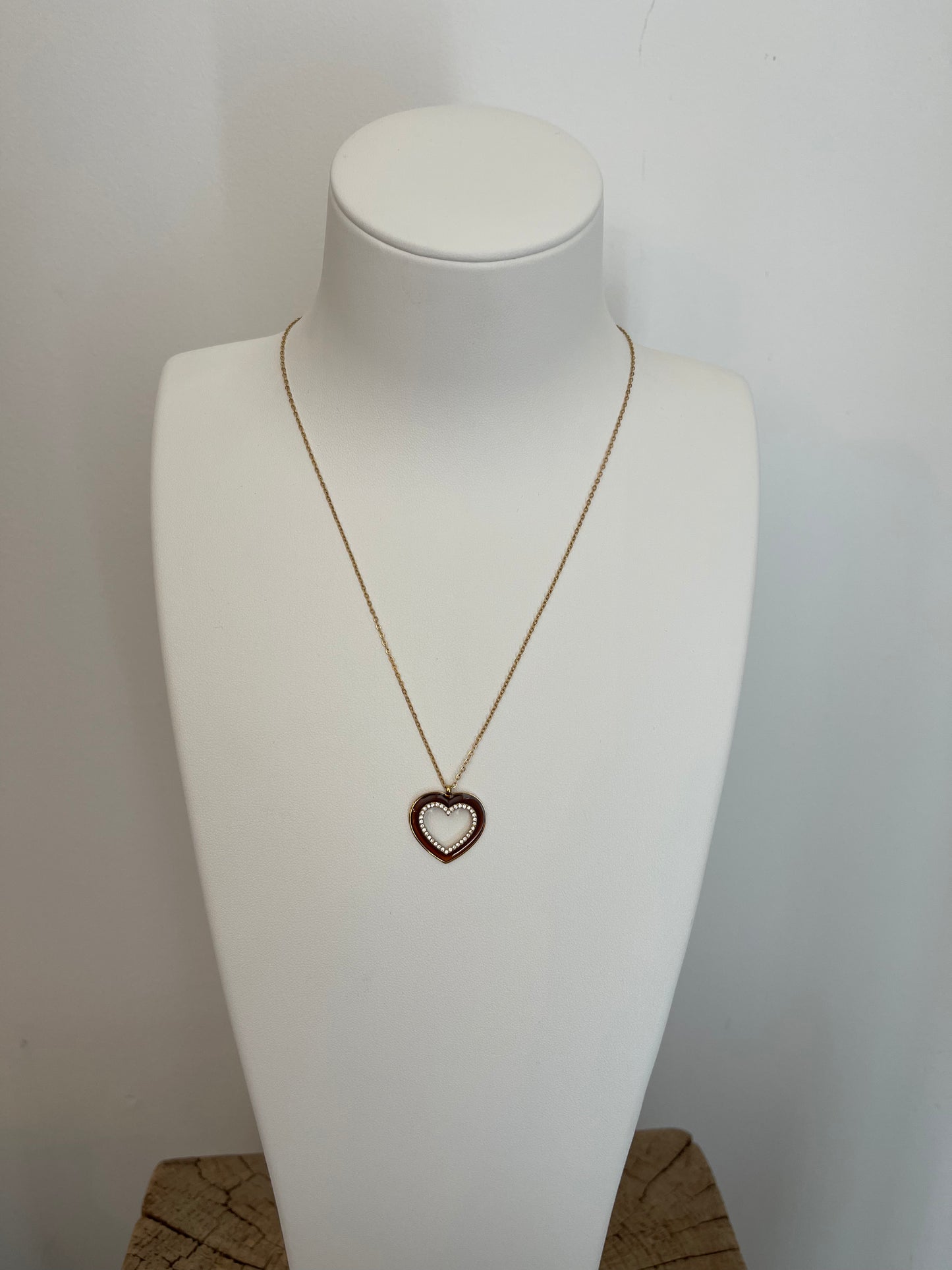 💛 Collier cœur résine ambre et strass - Acier inoxydable doré