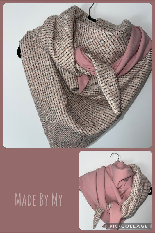 Foulard Réversible Lainage Structuré et Mousseline Rose - Modèle Unique Fait Main