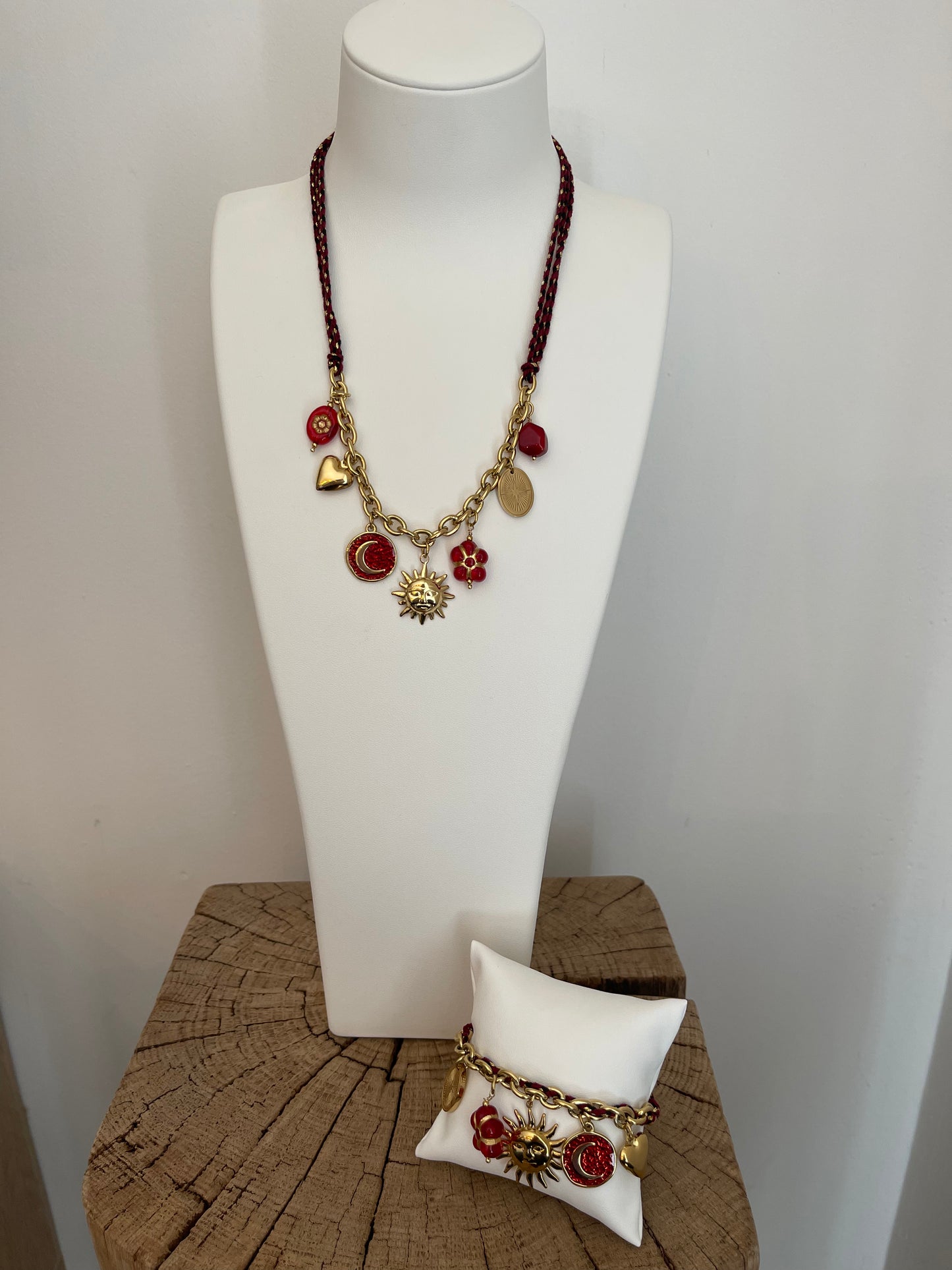 ✨ Ensemble bijoux à breloques rouge-bordeaux - Acier inoxydable doré
