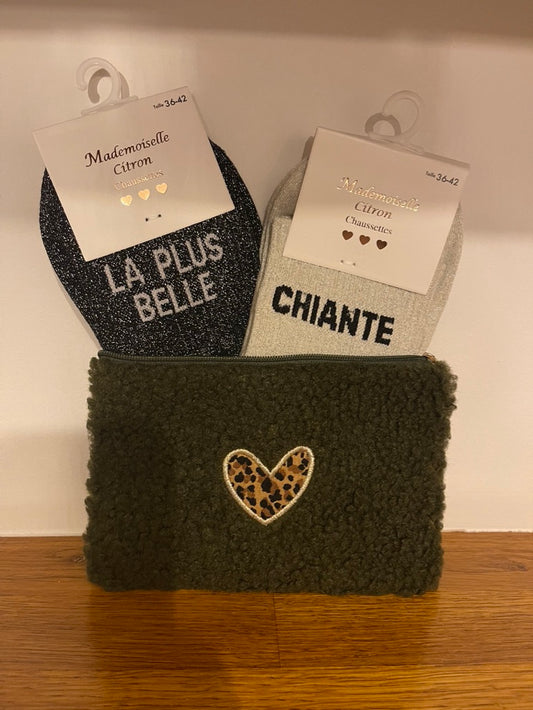 ✨ Trousse Kaki Cœur Léopard 🐆 avec Chaussettes à Paillettes ✨